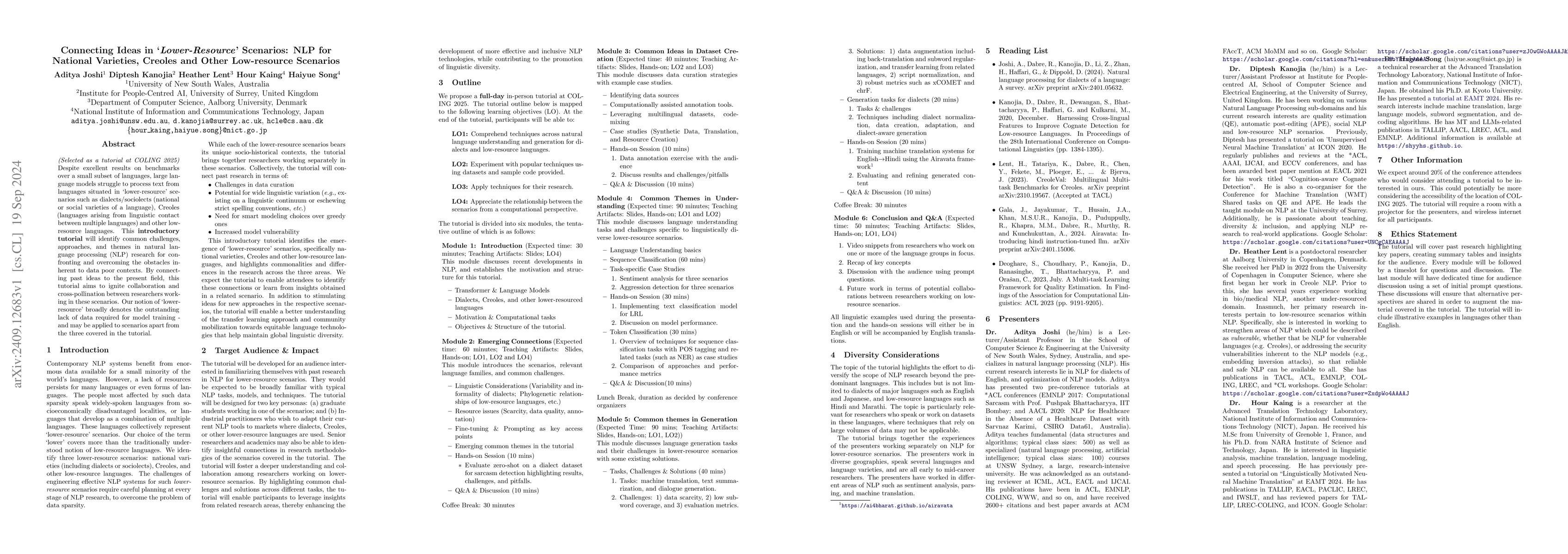 Thumbnail for Connecting Ideas in 'Lower-Resource' Scenarios: NLP for National
  Varieties, Creoles and Other Low-resource Scenarios