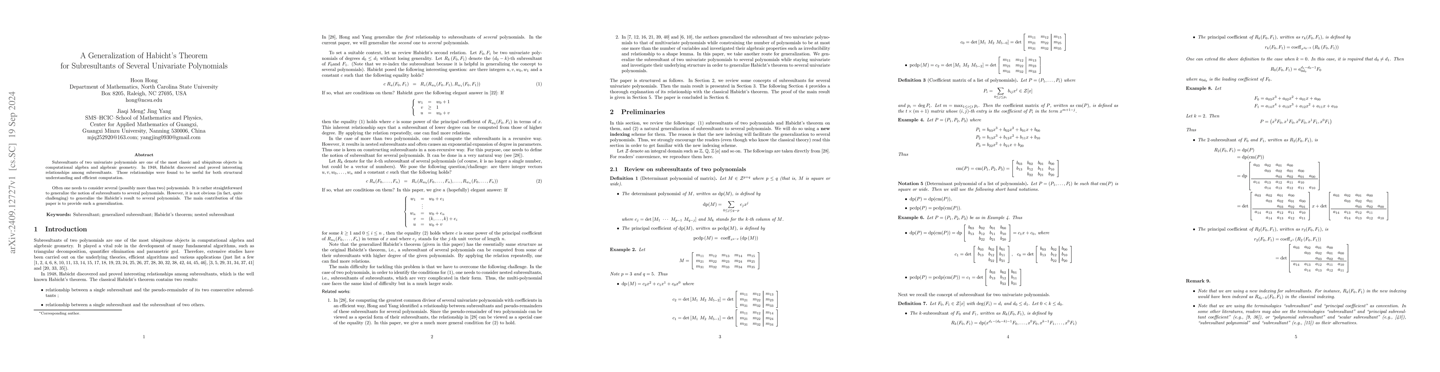 Thumbnail for A Generalization of Habicht's Theorem for Subresultants of Several
  Univariate Polynomials