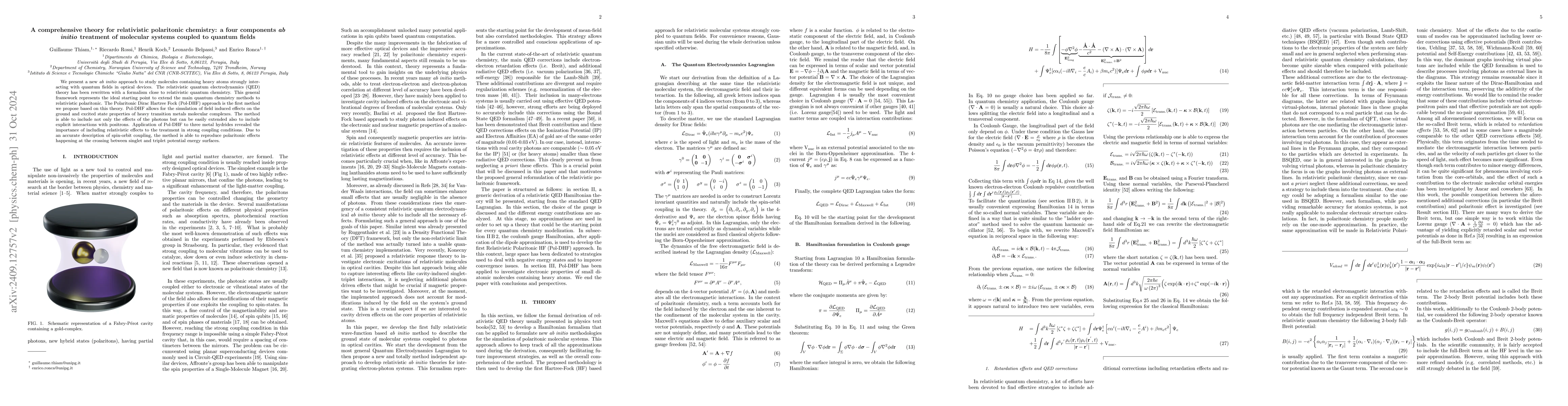 Thumbnail for A comprehensive theory for relativistic polaritonic chemistry: a four
  components ab initio treatment of molecular systems coupled to quantum fields