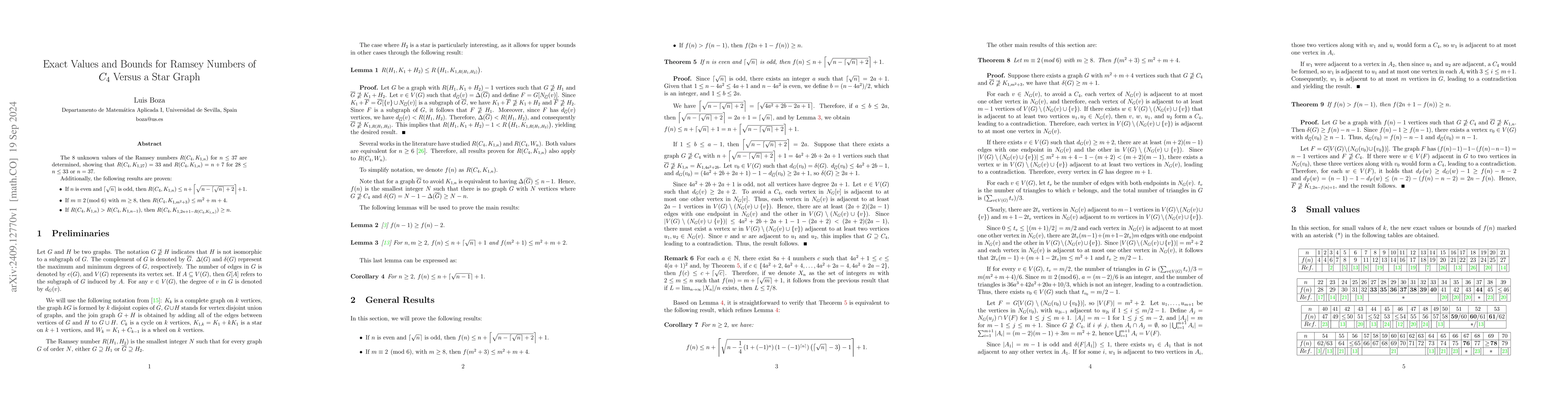 Thumbnail for Exact Values and Bounds for Ramsey Numbers of $C_4$ Versus a Star Graph