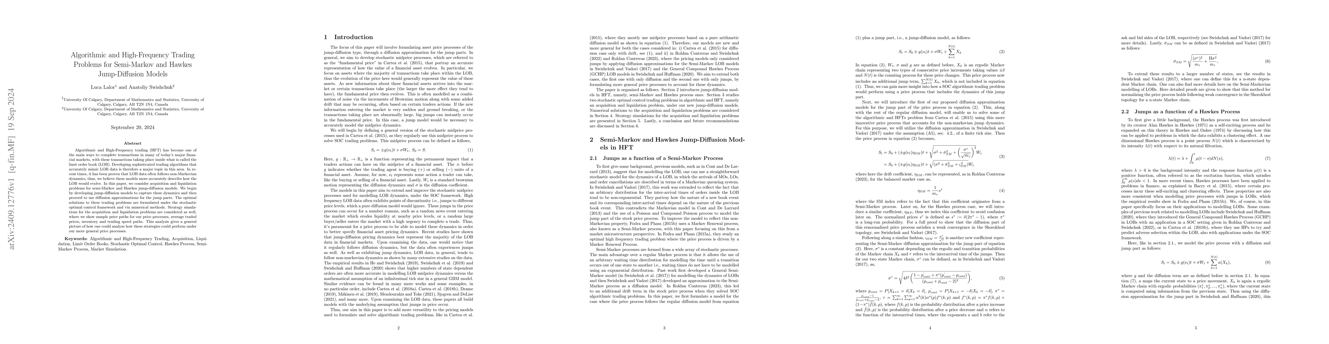 Thumbnail for Algorithmic and High-Frequency Trading Problems for Semi-Markov and
  Hawkes Jump-Diffusion Models
