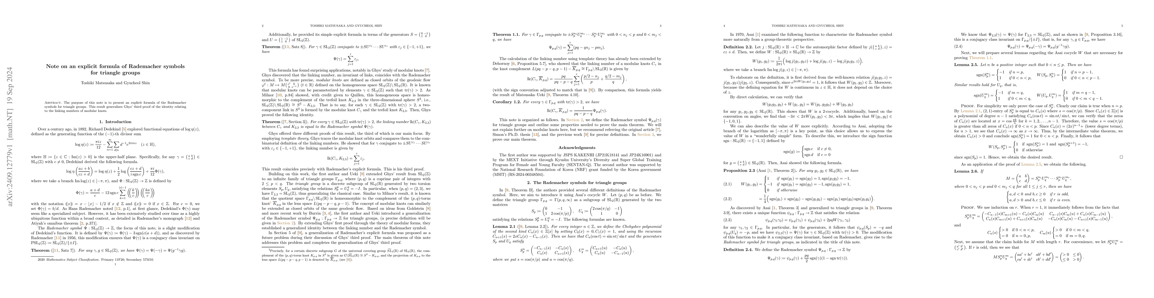 Thumbnail for Note on an explicit formula of Rademacher symbols for triangle groups