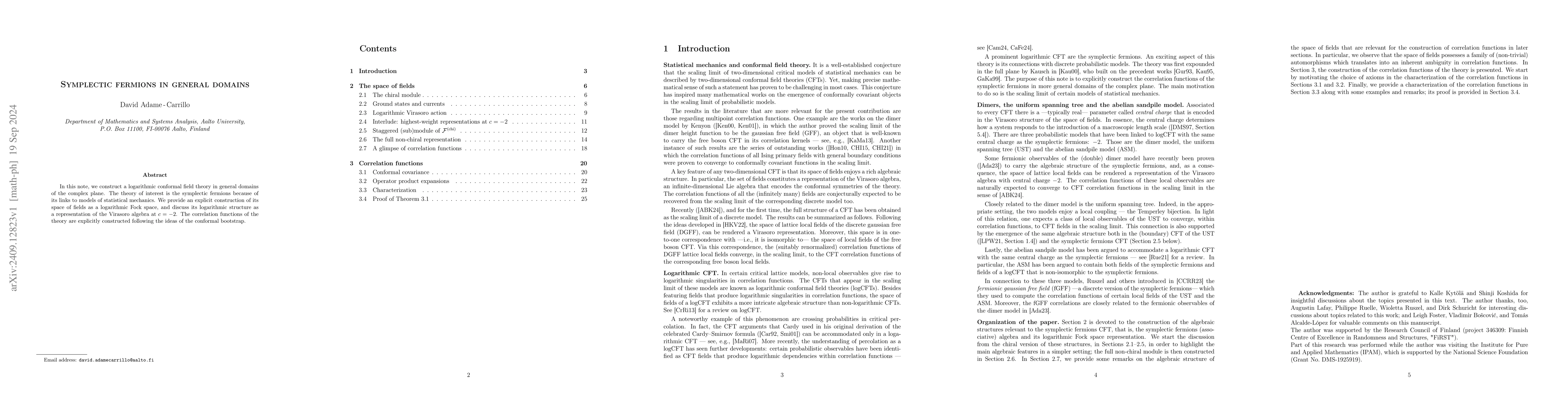 Thumbnail for Symplectic fermions in general domains