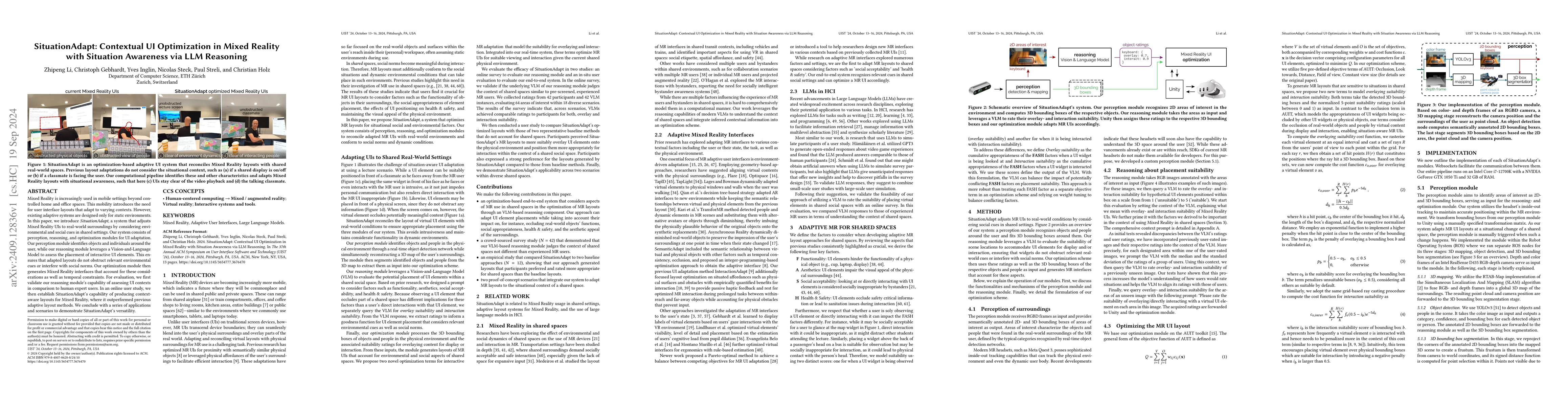 Thumbnail for SituationAdapt: Contextual UI Optimization in Mixed Reality with
  Situation Awareness via LLM Reasoning