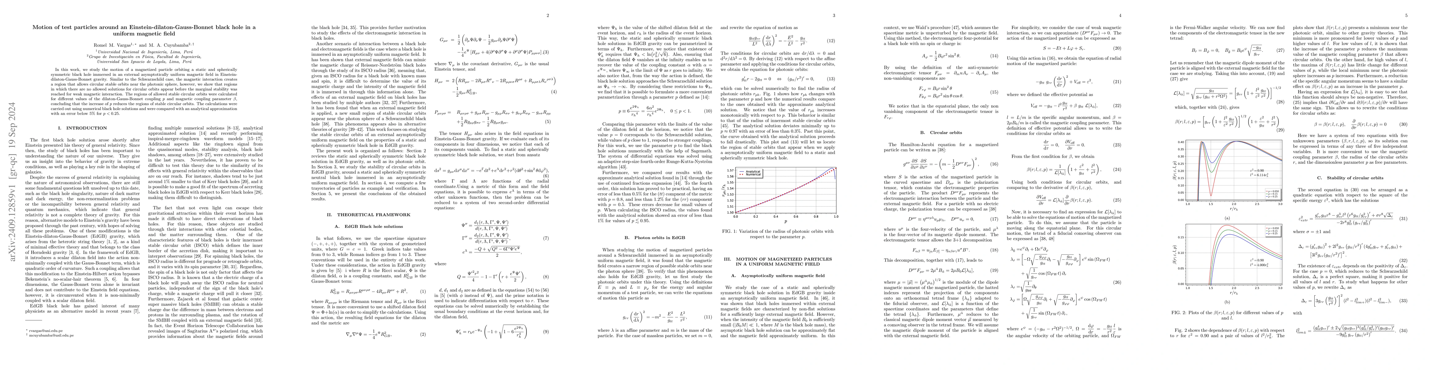 Thumbnail for Motion of test particles around an Einstein-dilaton-Gauss-Bonnet black
  hole in a uniform magnetic field