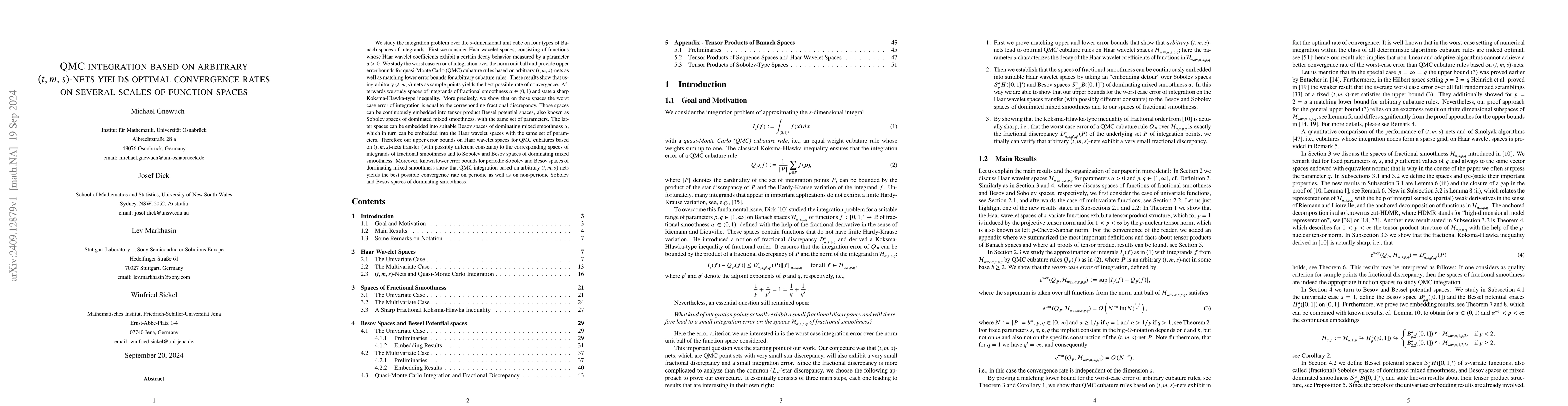 Thumbnail for QMC integration based on arbitrary (t,m,s)-nets yields optimal
  convergence rates on several scales of function spaces