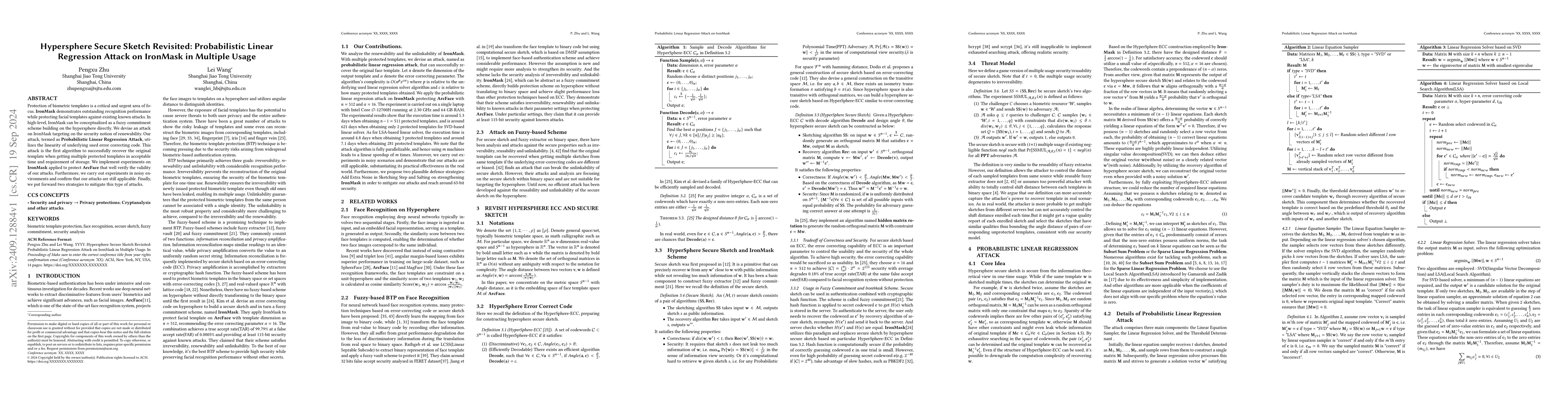 Thumbnail for Hypersphere Secure Sketch Revisited: Probabilistic Linear Regression
  Attack on IronMask in Multiple Usage