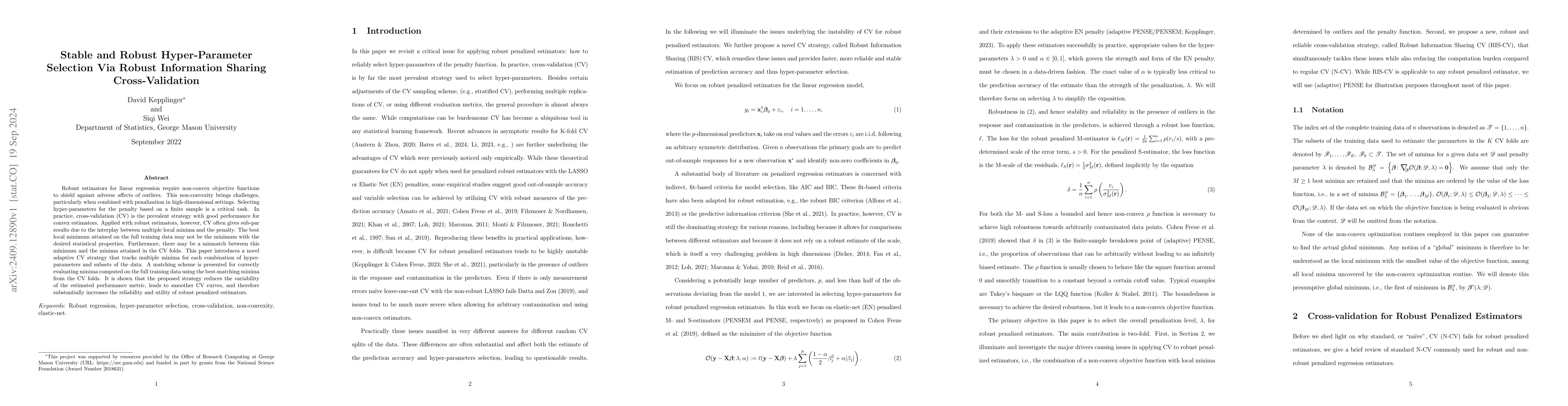 Thumbnail for Stable and Robust Hyper-Parameter Selection Via Robust Information
  Sharing Cross-Validation