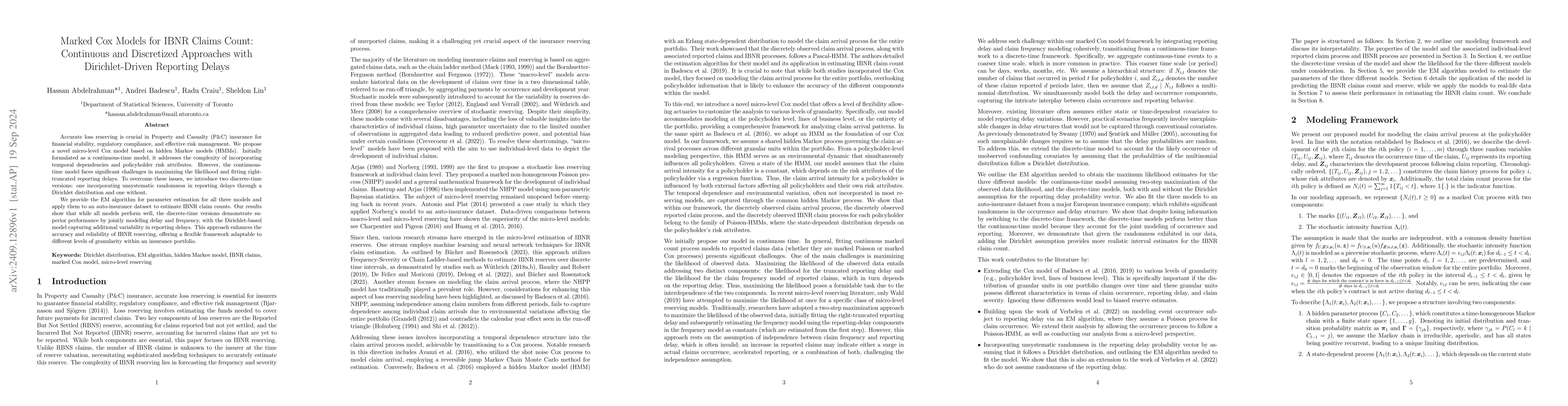 Thumbnail for Marked Cox Models for IBNR Claims Count: Continuous and Discretized
  Approaches with Dirichlet-Driven Reporting Delays
