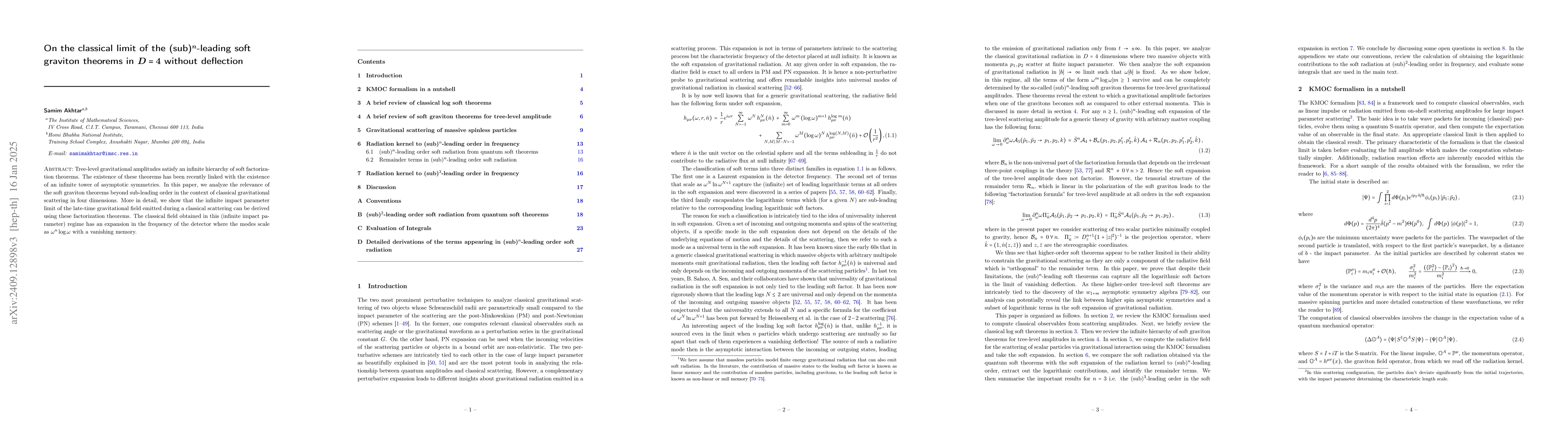 Thumbnail for On the classical limit of the (sub)$^{n}$-leading soft graviton theorems
  in $D = 4$ without deflection