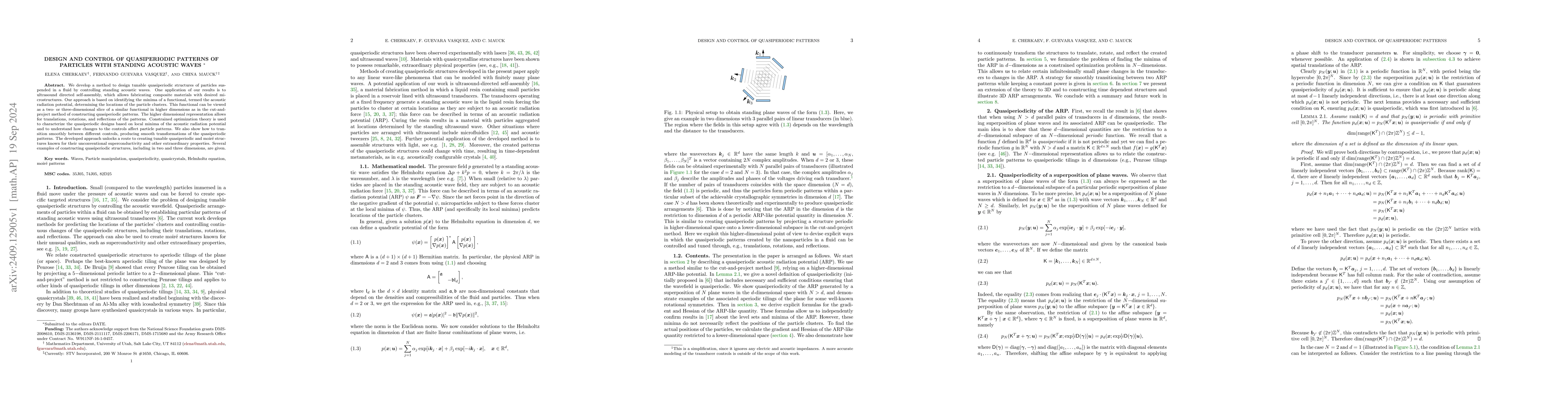 Thumbnail for Design and control of quasiperiodic patterns of particles with standing
  acoustic waves