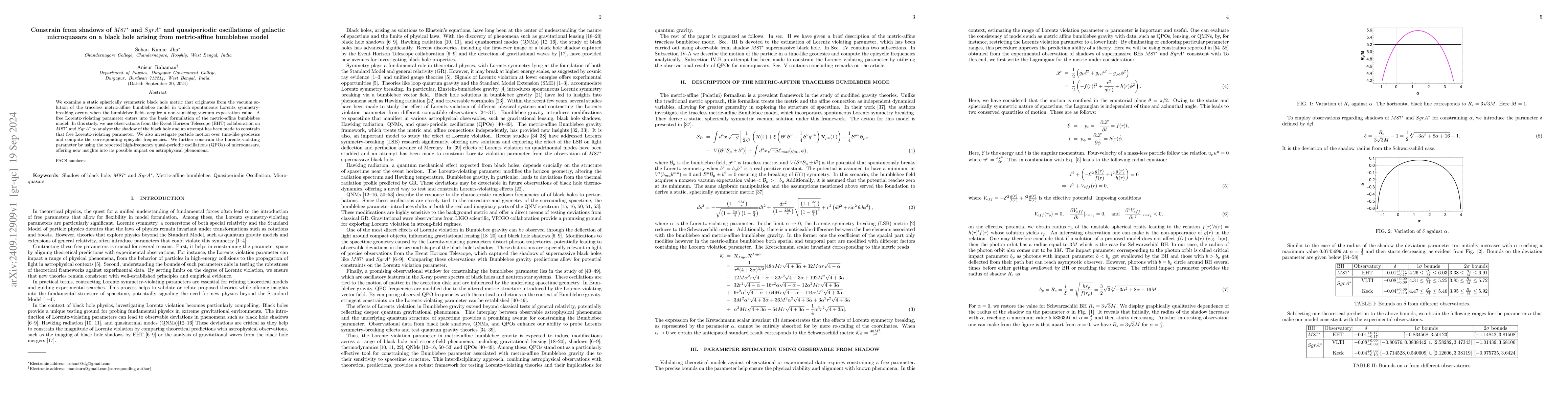 Thumbnail for Constrain from shadows of $M87^*$ and $Sgr A^*$ and quasiperiodic
  oscillations of galactic microquasars on a black hole arising from
  metric-affine bumblebee model