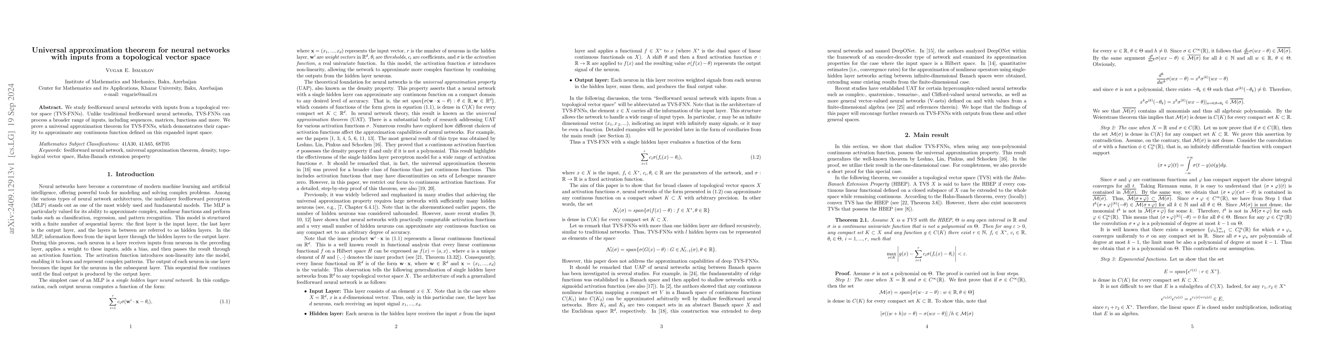 Thumbnail for Universal approximation theorem for neural networks with inputs from a
  topological vector space