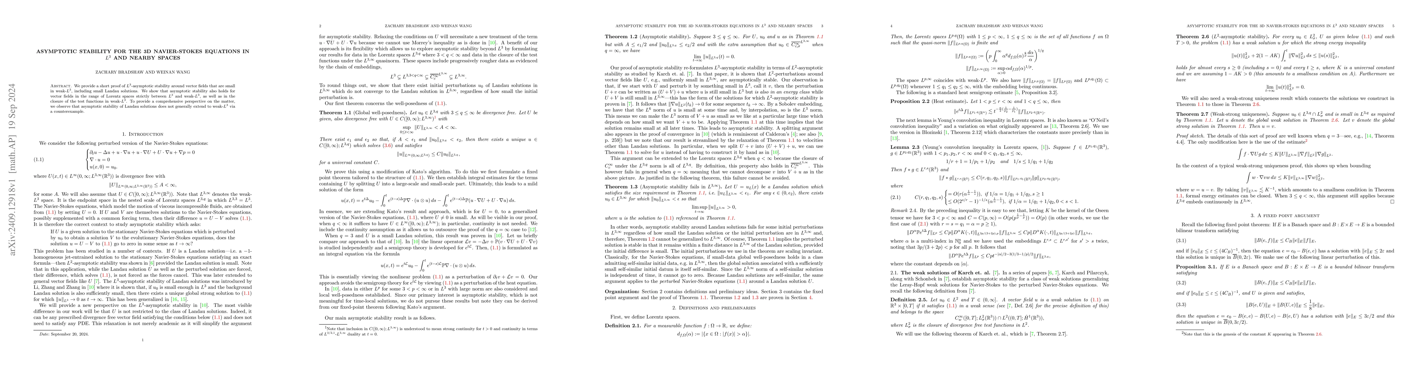 Thumbnail for Asymptotic stability for the 3D Navier-Stokes equations in $L^3$ and
  nearby spaces