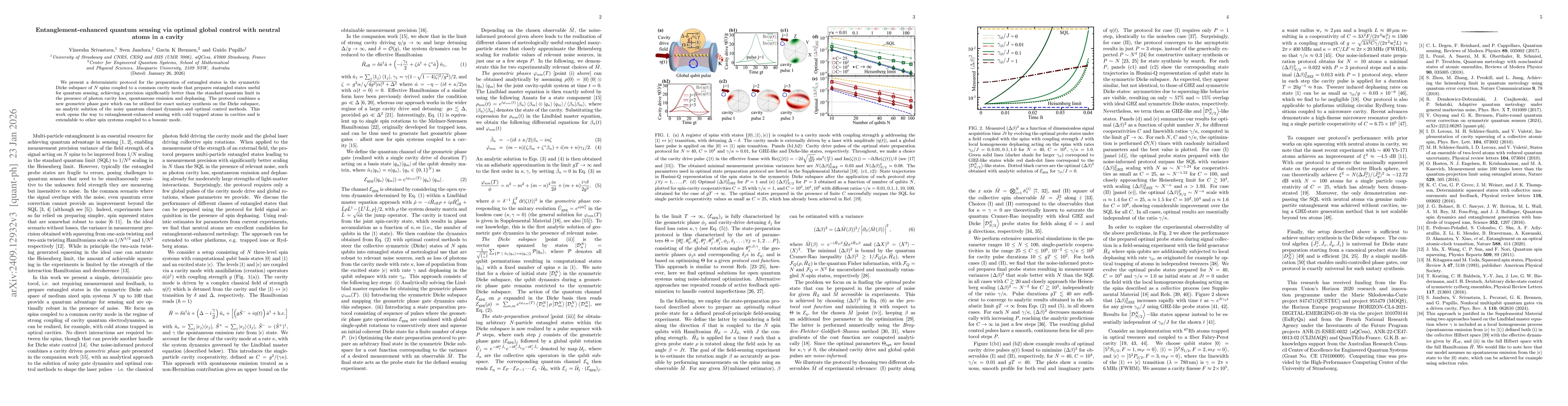 Thumbnail for Entanglement-enhanced quantum sensing via optimal global control with neutral atoms in a cavity