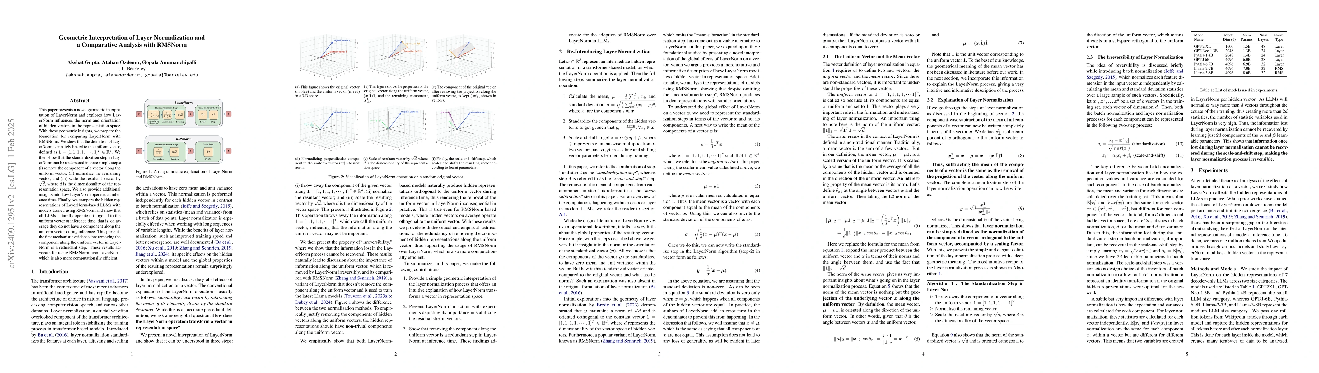 Thumbnail for Re-Introducing LayerNorm: Geometric Meaning, Irreversibility and a
  Comparative Study with RMSNorm