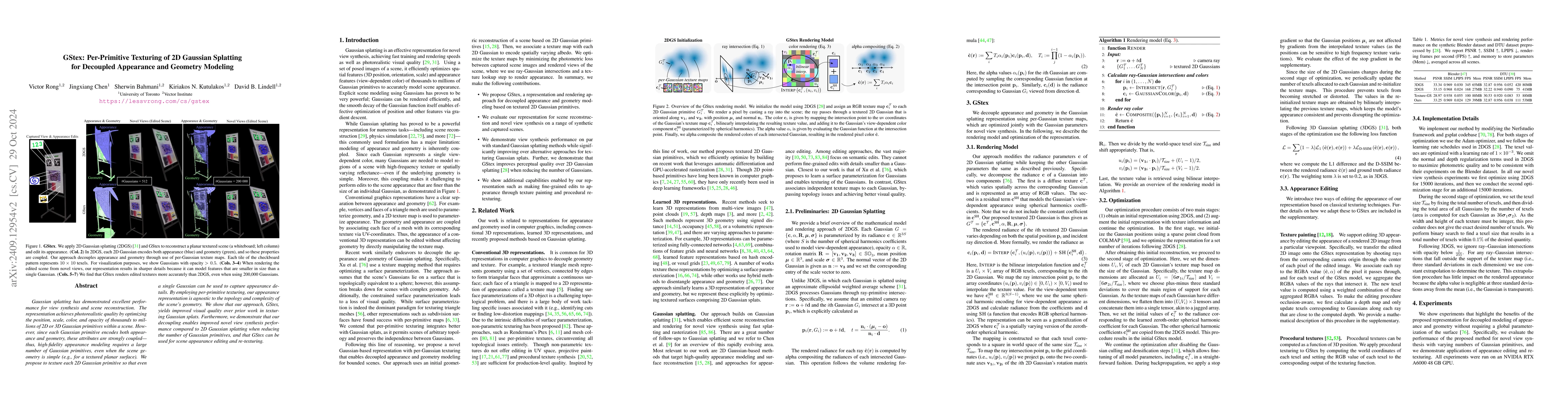 Thumbnail for GStex: Per-Primitive Texturing of 2D Gaussian Splatting for Decoupled
  Appearance and Geometry Modeling