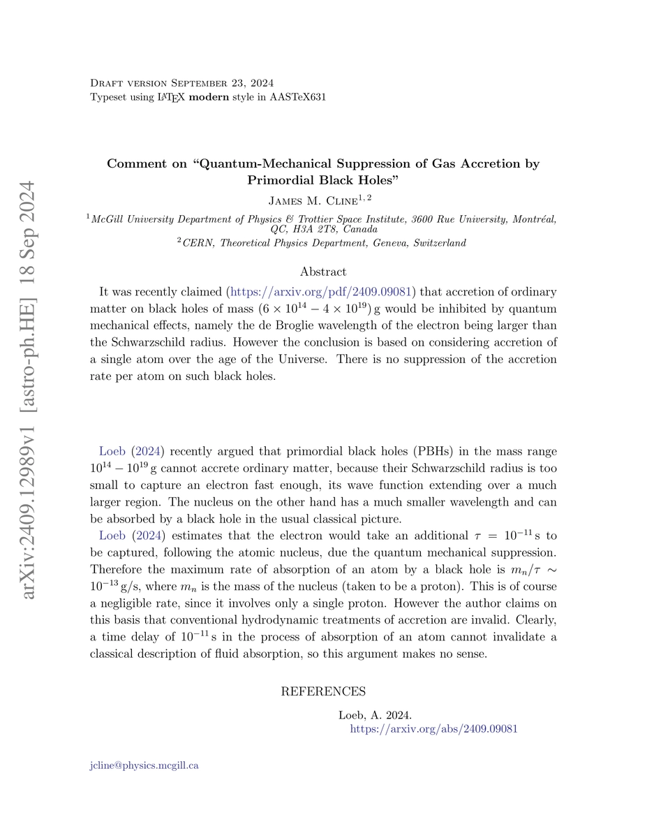 Thumbnail for Comment on "Quantum-Mechanical Suppression of Gas Accretion by
  Primordial Black Holes"