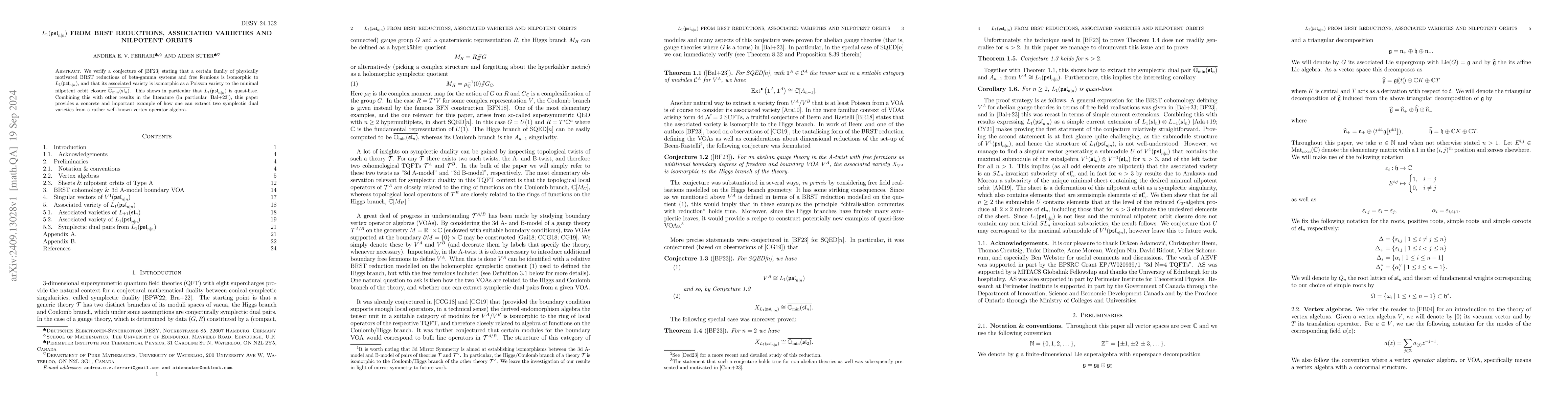 Thumbnail for $L_1(\mathfrak{psl}_{n|n})$ from BRST reductions, associated varieties
  and nilpotent orbits
