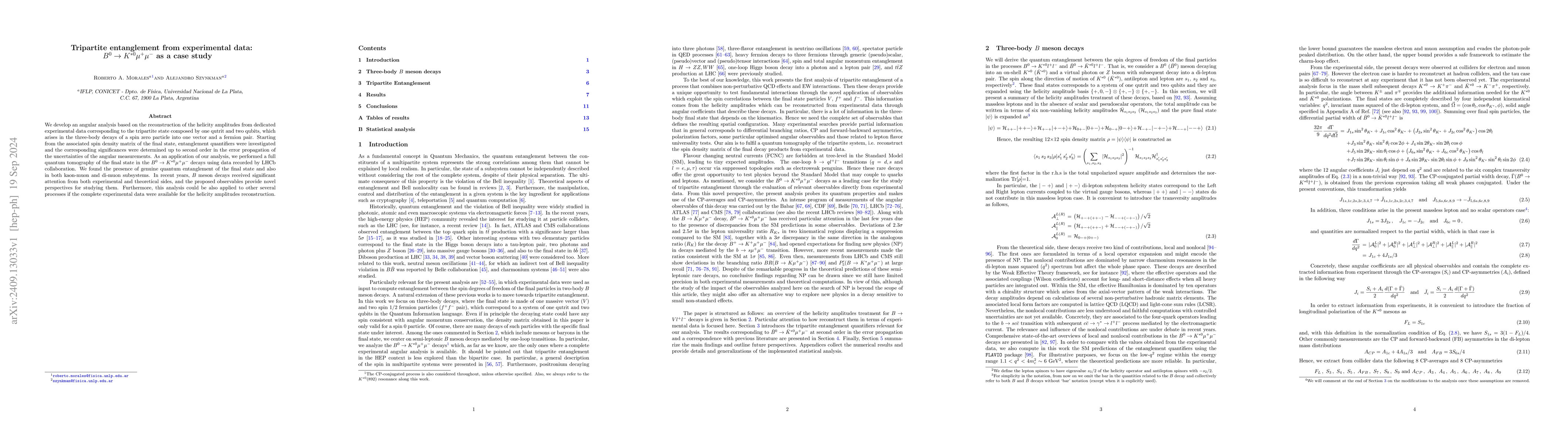 Thumbnail for Tripartite entanglement from experimental data: $B^0\to
  K^{*0}μ^+μ^-$ as a case study