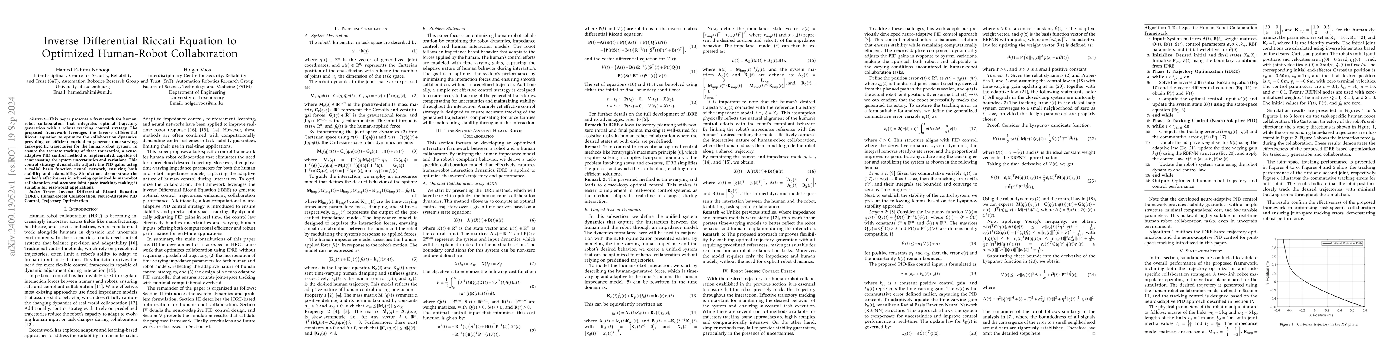 Thumbnail for Inverse Differential Riccati Equation to Optimized Human-Robot
  Collaboration