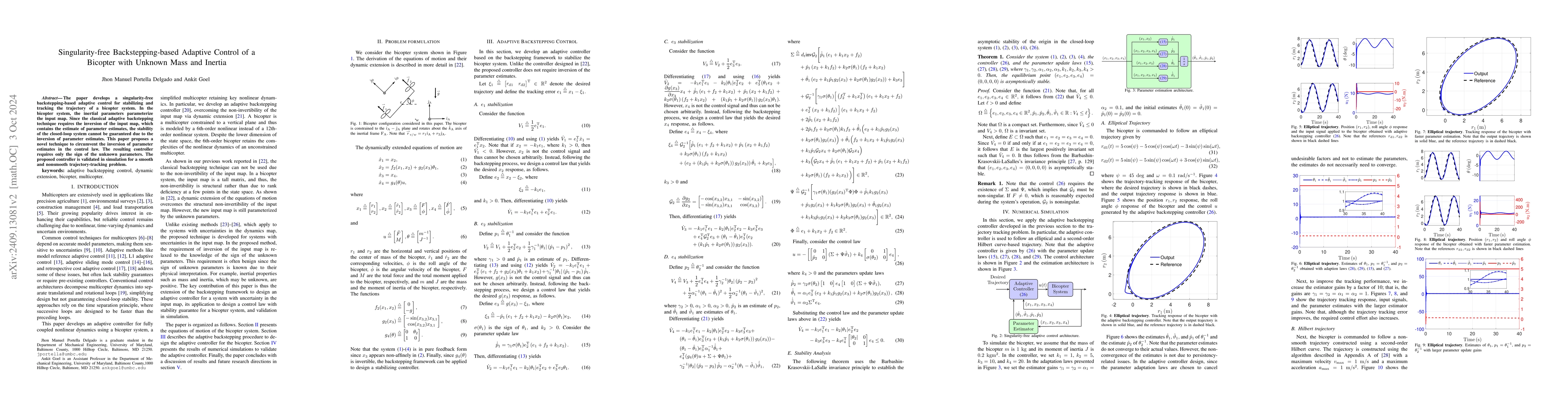 Thumbnail for Singularity-free Backstepping-based Adaptive Control of a Bicopter with
  Unknown Mass and Inertia