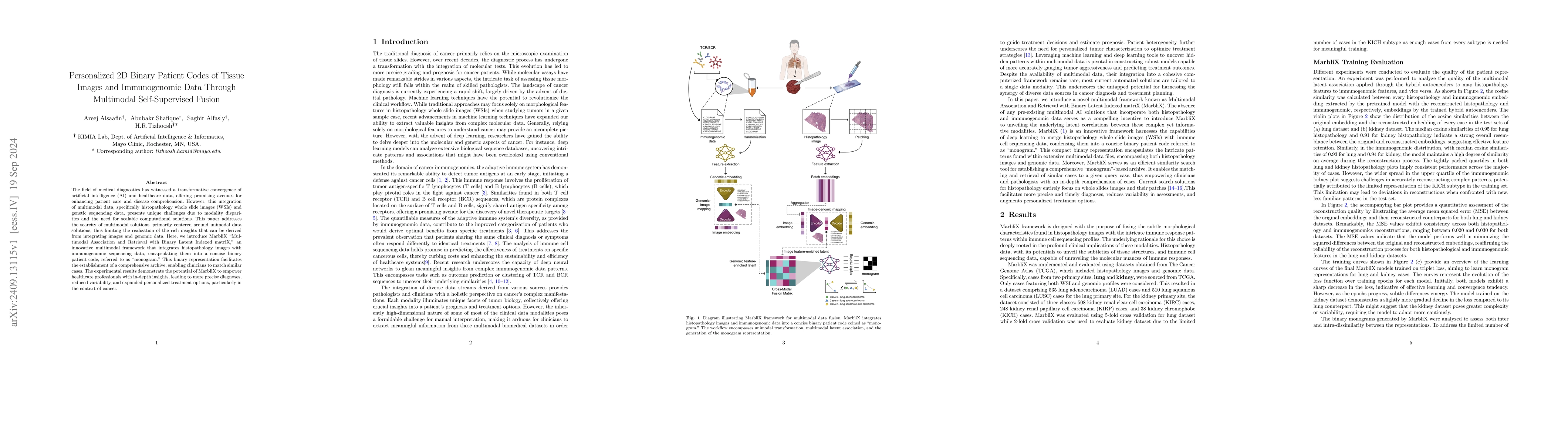 Thumbnail for Personalized 2D Binary Patient Codes of Tissue Images and Immunogenomic
  Data Through Multimodal Self-Supervised Fusion