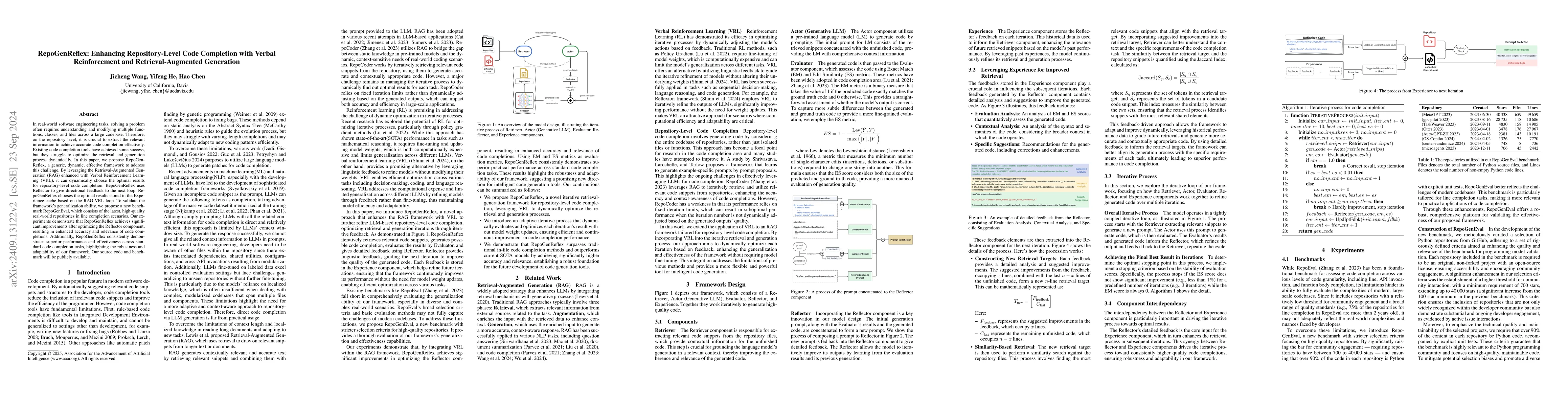 Thumbnail for RepoGenReflex: Enhancing Repository-Level Code Completion with Verbal
  Reinforcement and Retrieval-Augmented Generation