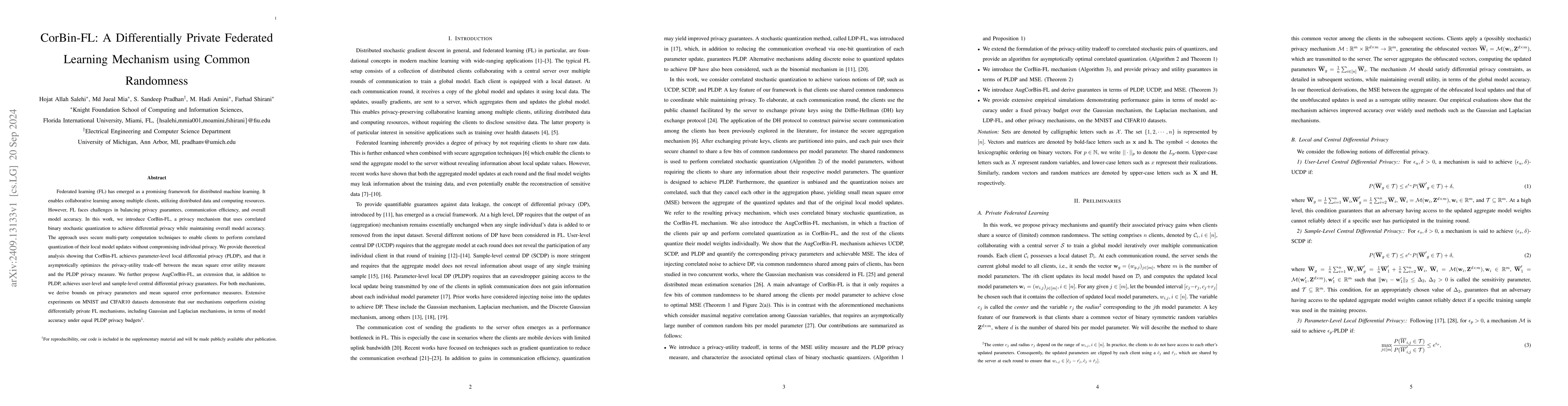 Thumbnail for CorBin-FL: A Differentially Private Federated Learning Mechanism using
  Common Randomness