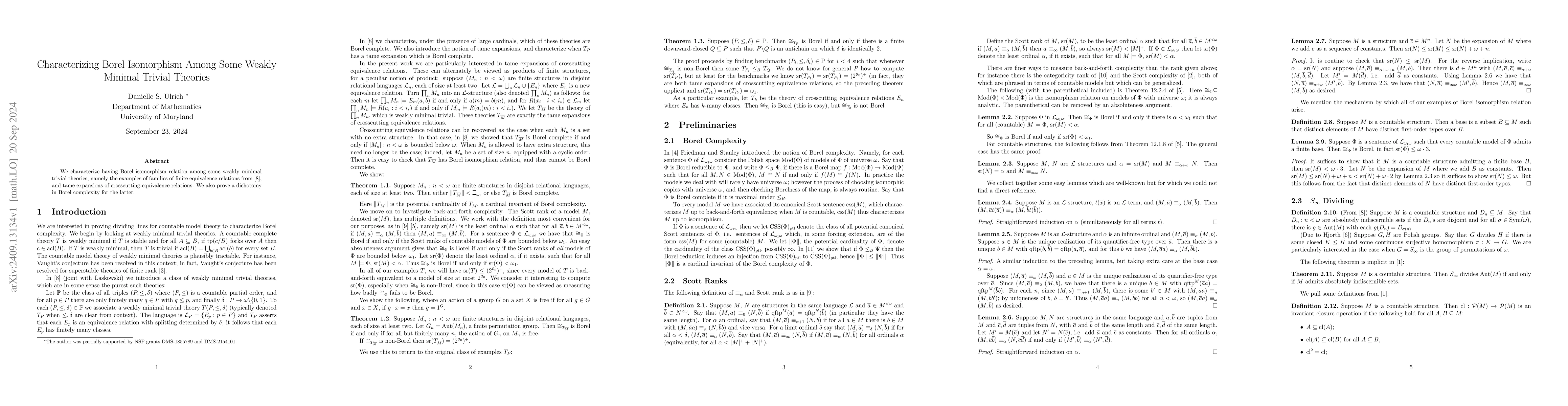Thumbnail for Characterizing Borel Isomorphism Among Some Weakly Minimal Trivial
  Theories