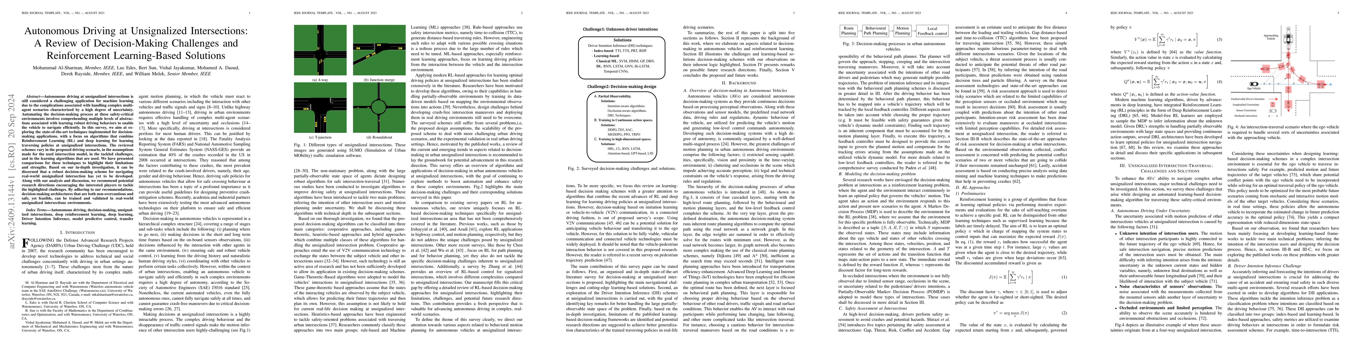 Thumbnail for Autonomous Driving at Unsignalized Intersections: A Review of
  Decision-Making Challenges and Reinforcement Learning-Based Solutions