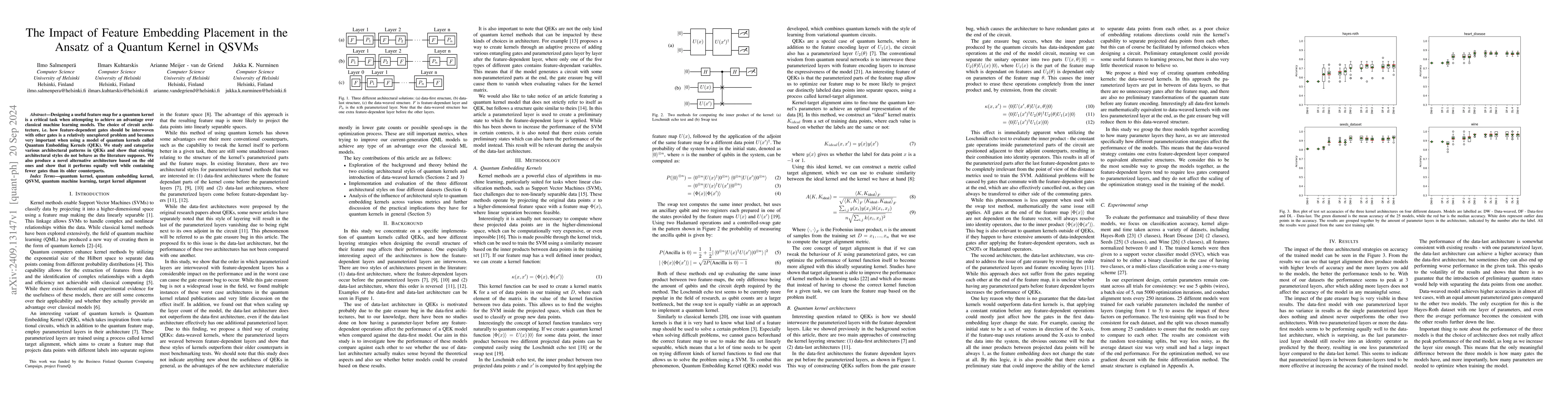 Thumbnail for The Impact of Feature Embedding Placement in the Ansatz of a Quantum
  Kernel in QSVMs