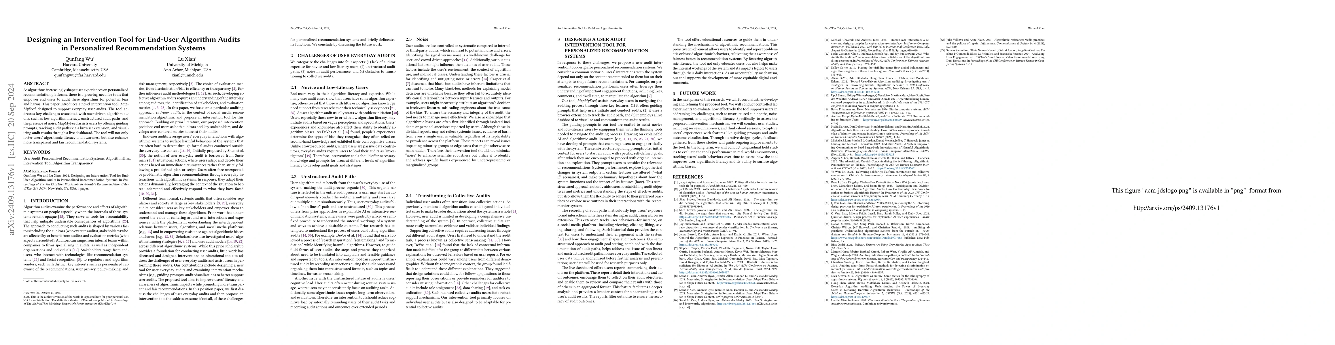 Thumbnail for Designing an Intervention Tool for End-User Algorithm Audits in
  Personalized Recommendation Systems