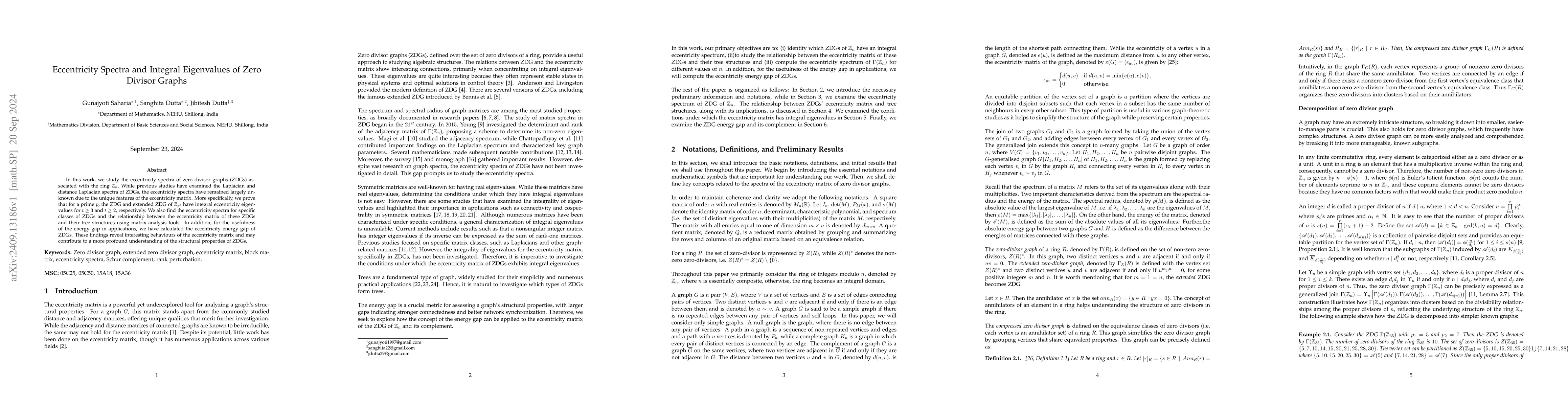 Thumbnail for Eccentricity Spectra and Integral Eigenvalues of Zero Divisor Graphs