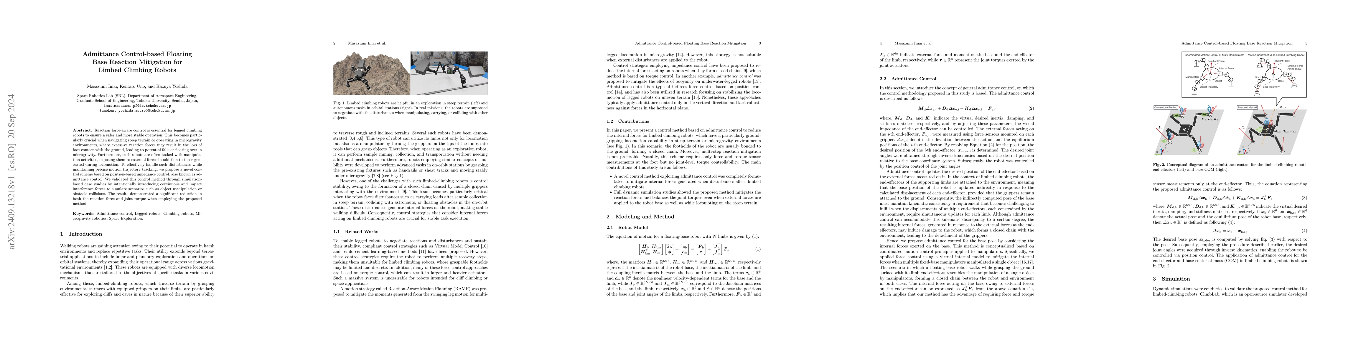 Thumbnail for Admittance Control-based Floating Base Reaction Mitigation for Limbed
  Climbing Robots