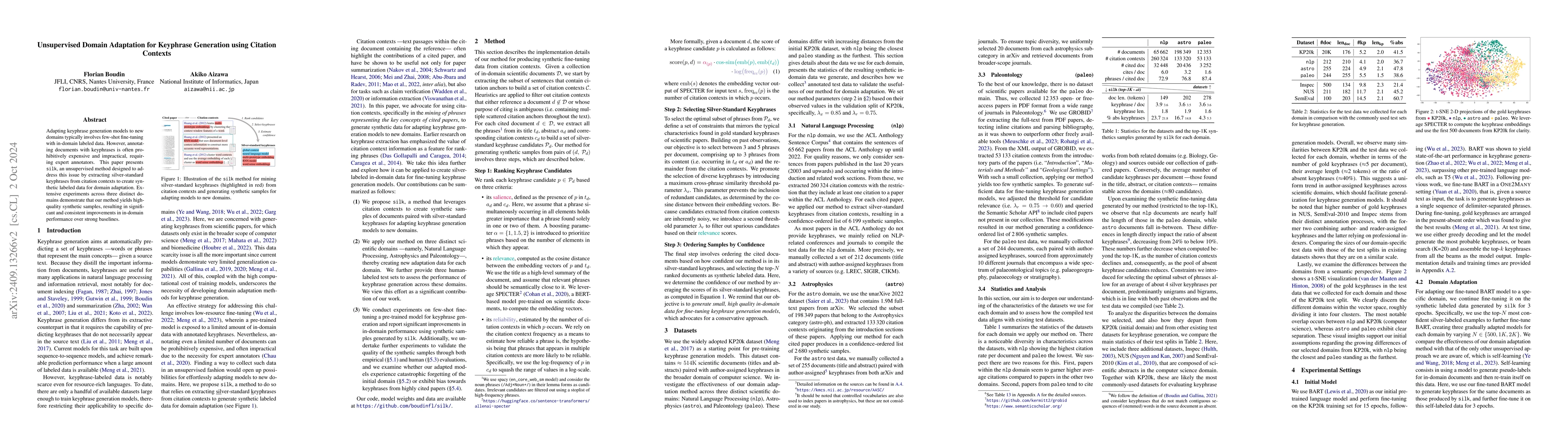 Thumbnail for Unsupervised Domain Adaptation for Keyphrase Generation using Citation
  Contexts