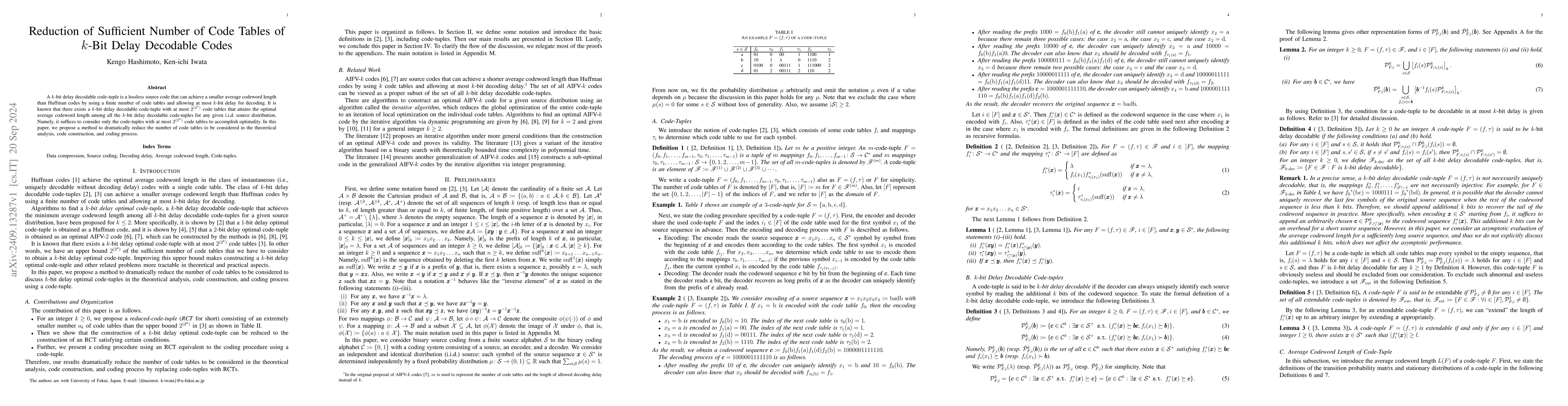 Thumbnail for Reduction of Sufficient Number of Code Tables of $k$-Bit Delay Decodable
  Codes