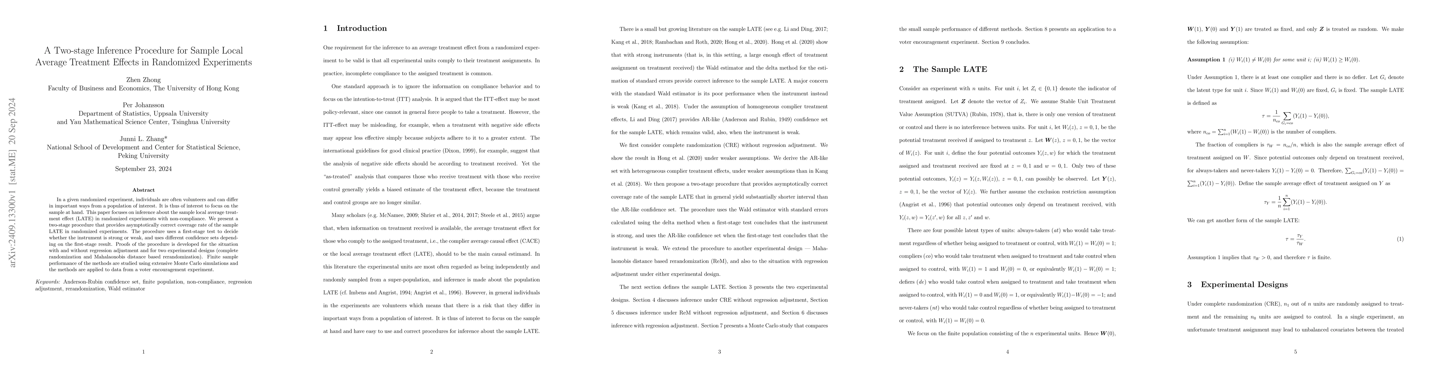Thumbnail for A Two-stage Inference Procedure for Sample Local Average Treatment
  Effects in Randomized Experiments