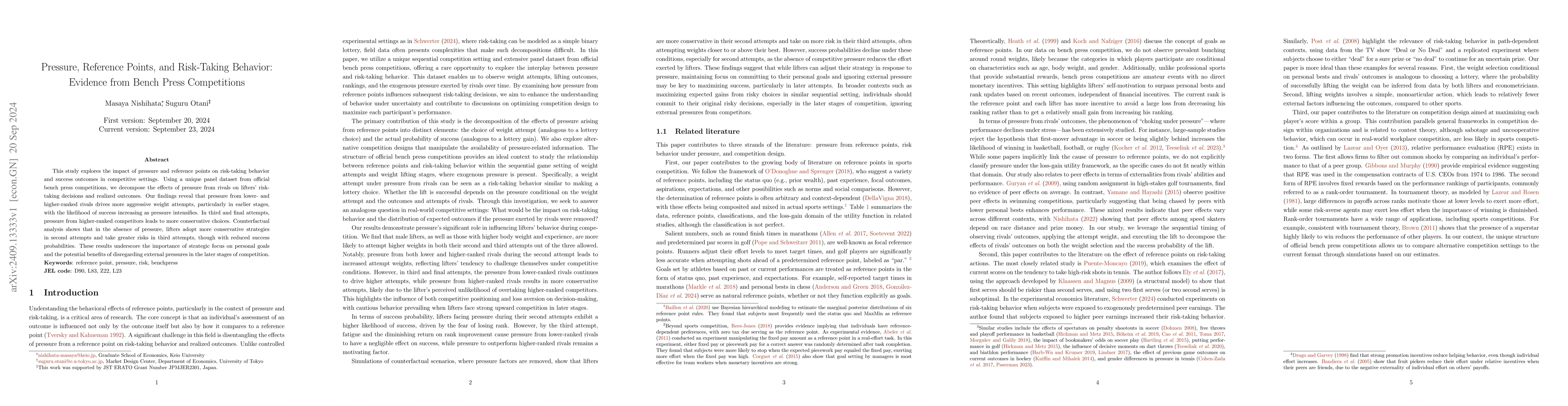 Thumbnail for Pressure, Reference Points, and Risk-Taking Behavior: Evidence from
  Bench Press Competitions