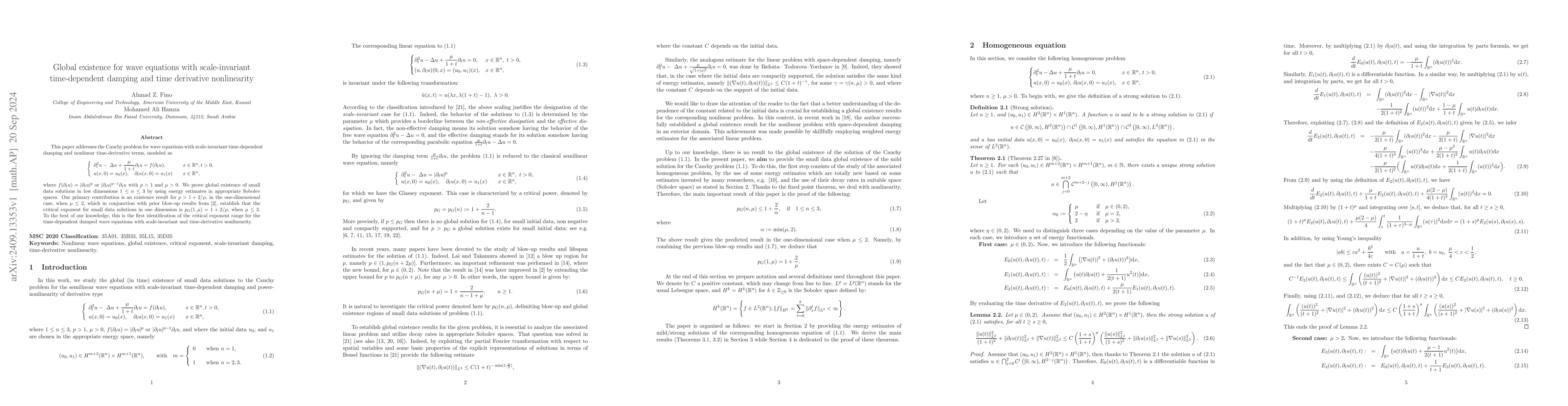 Thumbnail for Global existence for wave equations with scale-invariant time-dependent
  damping and time derivative nonlinearity