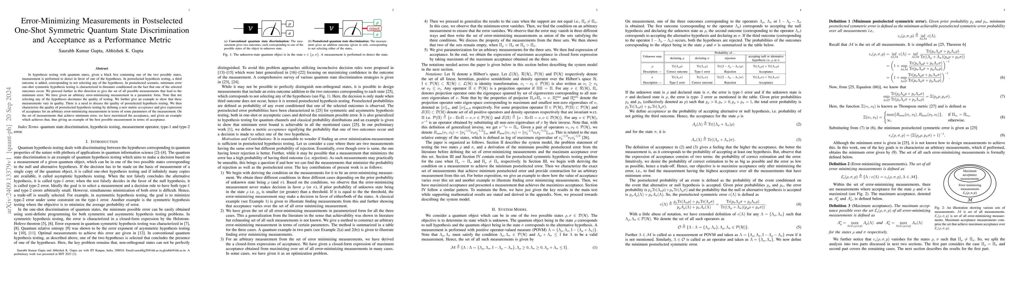 Thumbnail for Error-Minimizing Measurements in Postselected One-Shot Symmetric Quantum
  State Discrimination and Acceptance as a Performance Metric