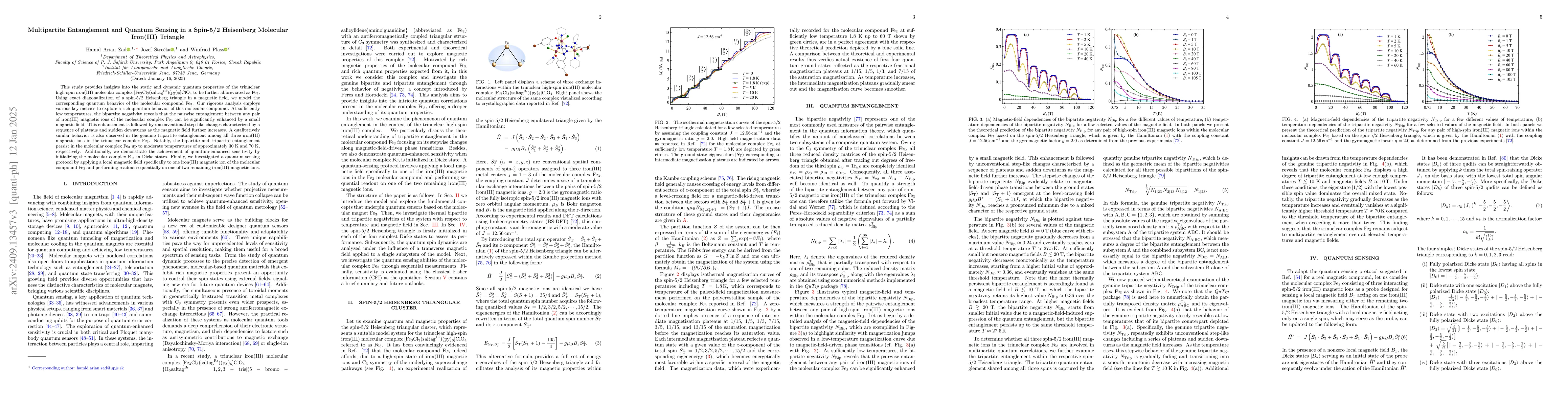 Thumbnail for Entanglement, Spin Squeezing and Quantum Sensing in a Spin-5/2
  Heisenberg Molecular Iron(III) Triangle
