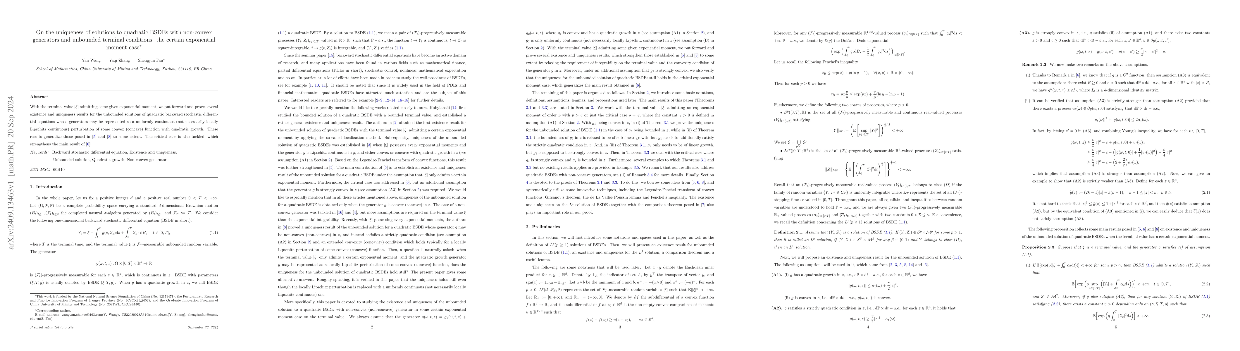 Thumbnail for On the uniqueness of solutions to quadratic BSDEs with non-convex
  generators and unbounded terminal conditions: the certain exponential moment
  case