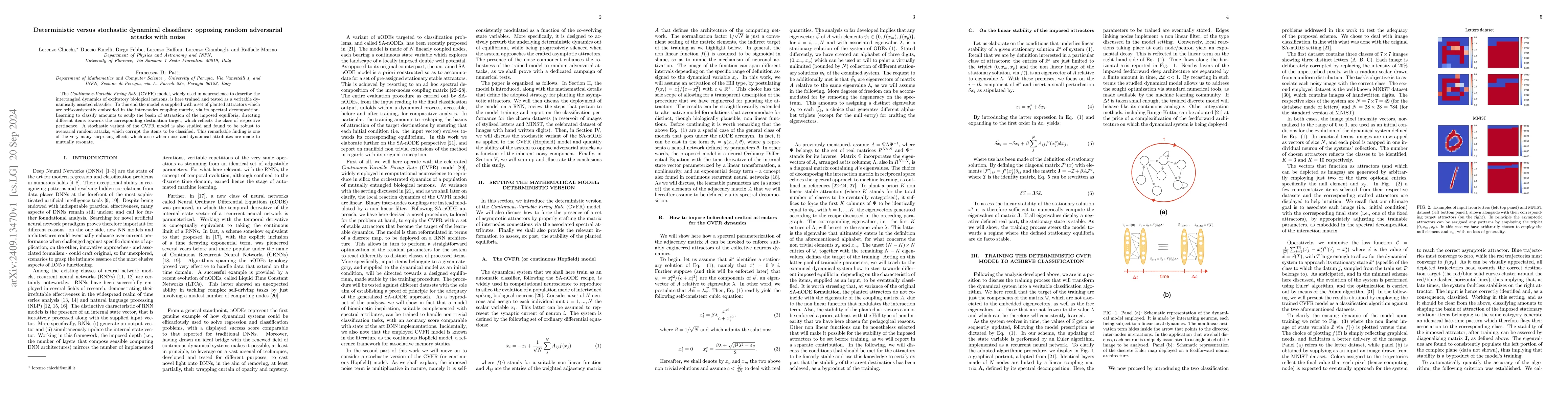 Thumbnail for Deterministic versus stochastic dynamical classifiers: opposing random
  adversarial attacks with noise