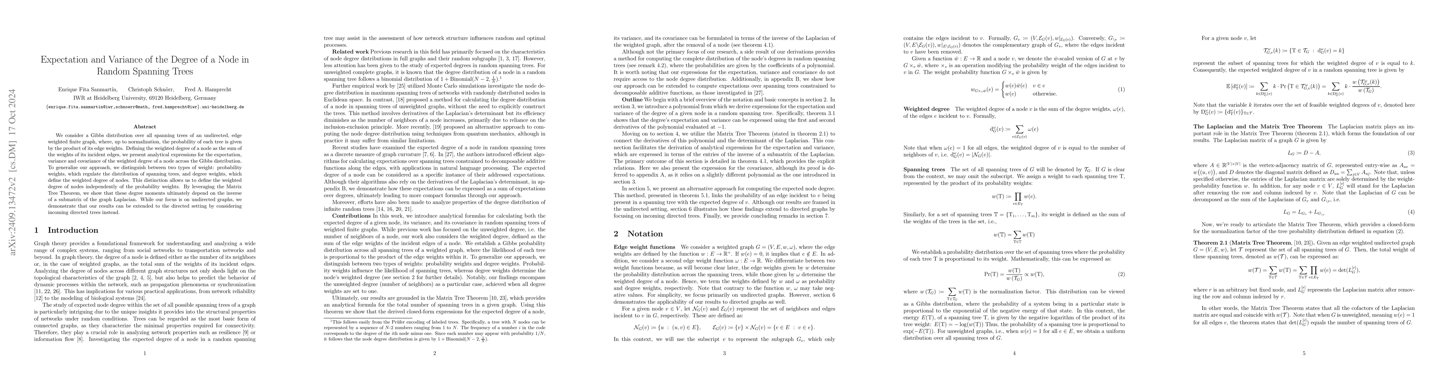 Thumbnail for Expectation and Variance of the Degree of a Node in Random Spanning
  Trees
