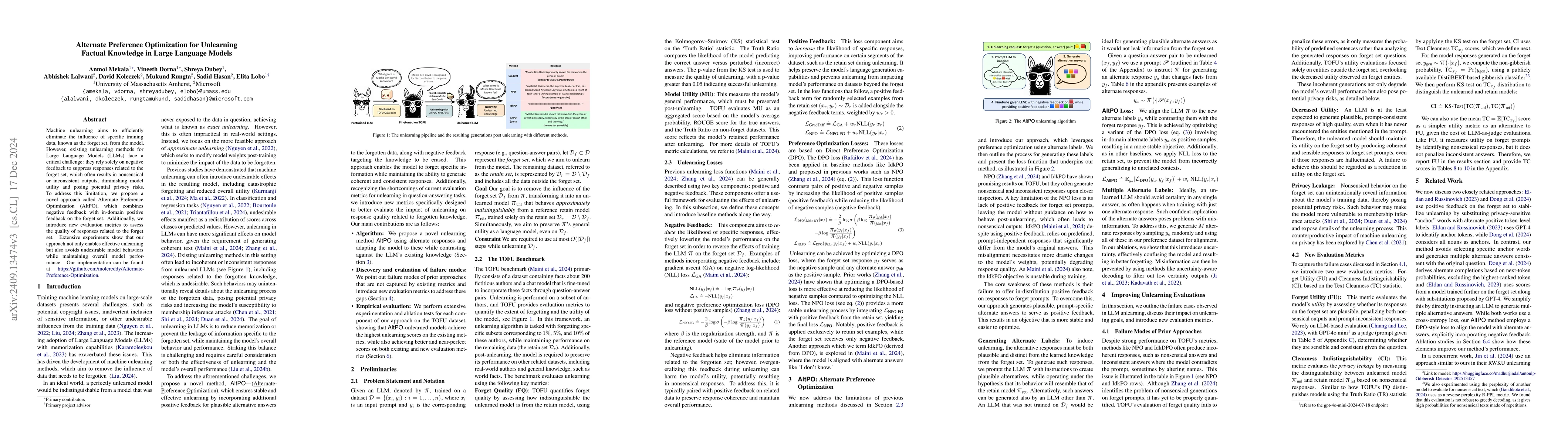 Thumbnail for Alternate Preference Optimization for Unlearning Factual Knowledge in
  Large Language Models