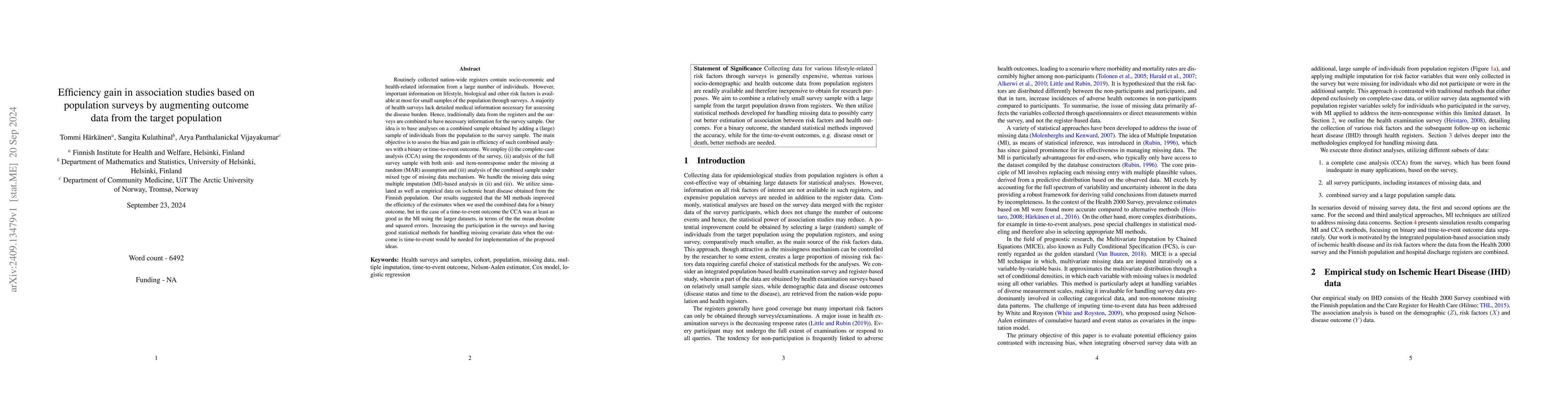 Thumbnail for Efficiency gain in association studies based on population surveys by
  augmenting outcome data from the target population