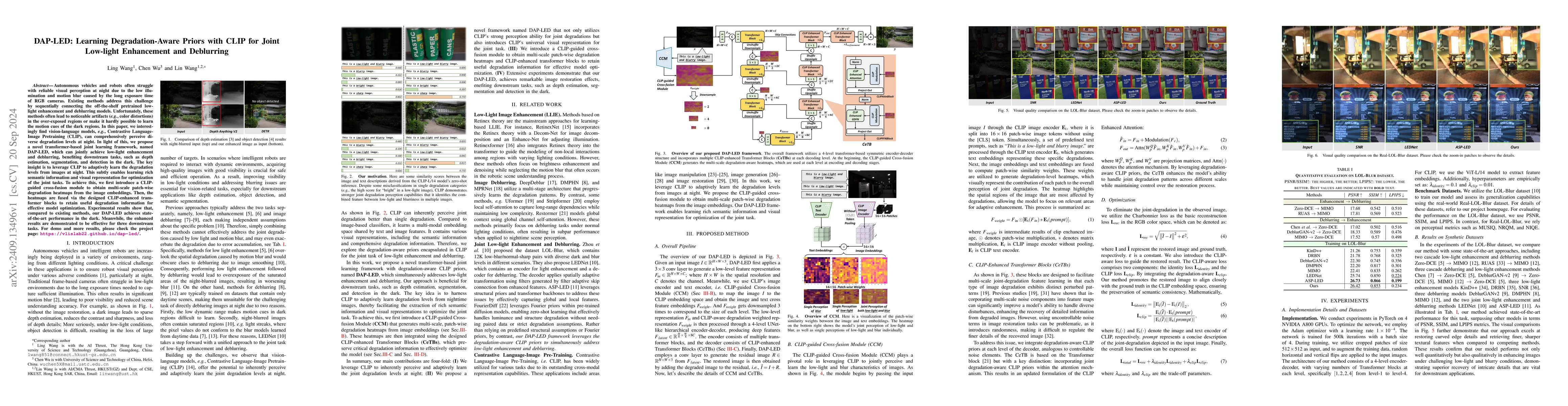 Thumbnail for DAP-LED: Learning Degradation-Aware Priors with CLIP for Joint Low-light
  Enhancement and Deblurring