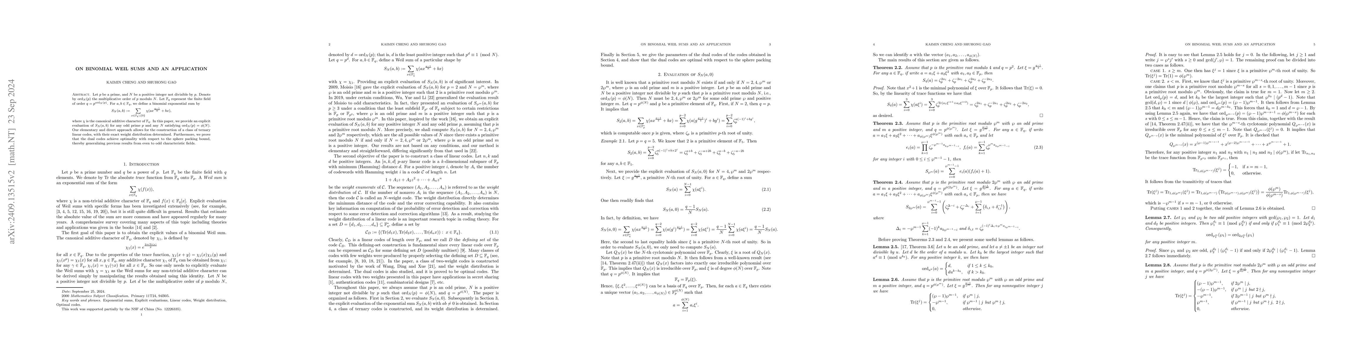 Thumbnail for On binomial Weil sums and an application