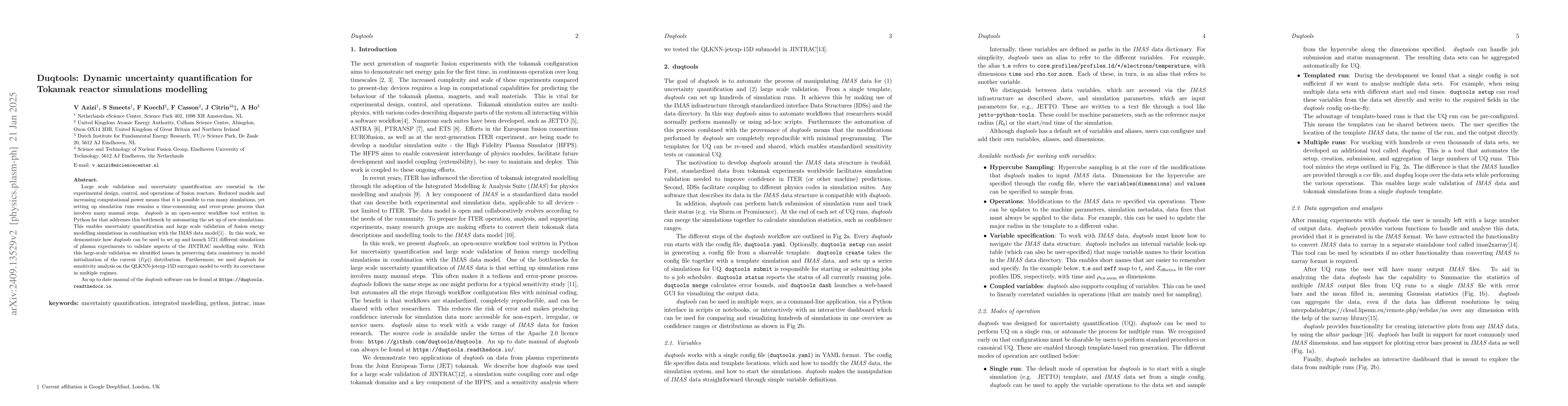 Thumbnail for Duqtools: Dynamic uncertainty quantification for Tokamak reactor
  simulations modelling